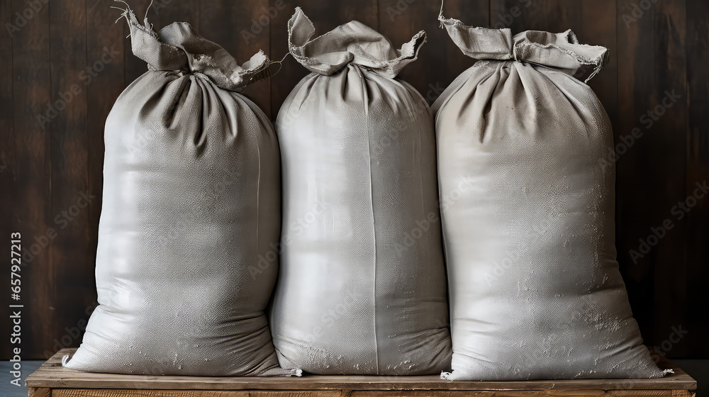 Bags of dry cement for interior renovations. Construction large bag of gray dry cement mix