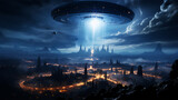 UFOs fliegen am Nachthimmel. Fantasielandschaft. 3D-RenderingUFOs flying in the night sky. Fantasy landscape. 3D rendering