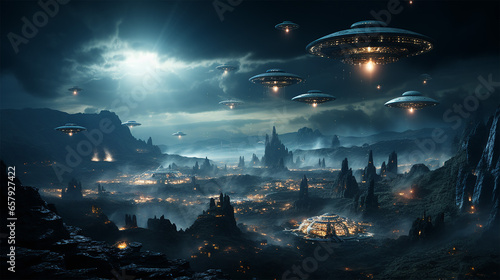 UFOs fliegen am Nachthimmel. Fantasielandschaft. 3D-RenderingUFOs flying in the night sky. Fantasy landscape. 3D rendering