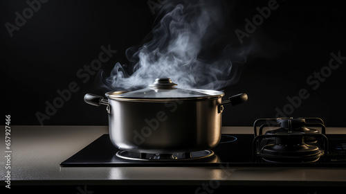 Pot on the hob, cooking on a gas stove. Burning cooking gas stove, gas crisis. Cooking in the kitchen.