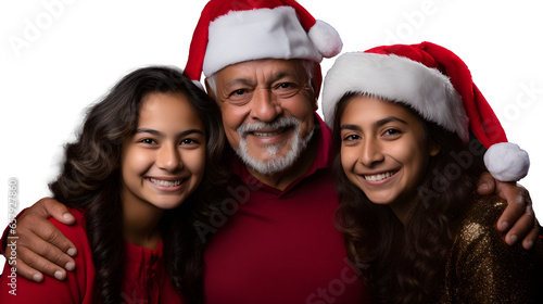 Latin family celebrating Christmas together isolated in transparent png background - Father and daughter girls wearing Santa Claus hats