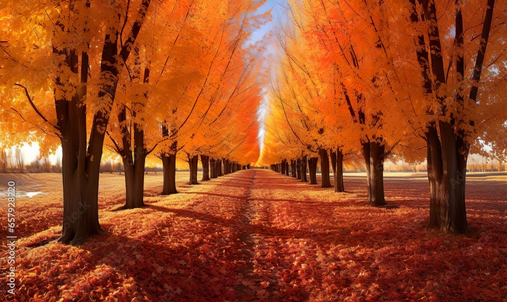 A path through autumn trees on a sunny day