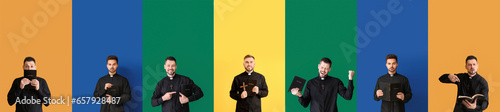 Set of many priests on colorful background