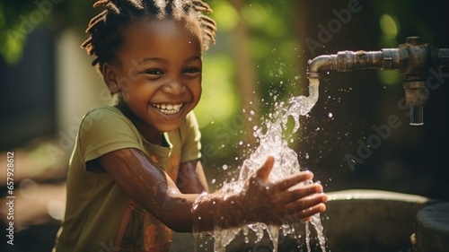 Happy African child playing in water