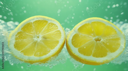 Two lemons cut in half with water splashing around them