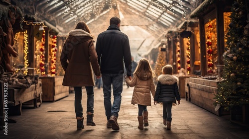 a family goes spending time at a traditional Christmas market on a winter evening. parents and children have fun in a christmas town decorated with lights. 