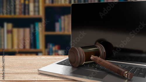 The hammer on notebook in Libraly Background  for law concept 3d rendering photo