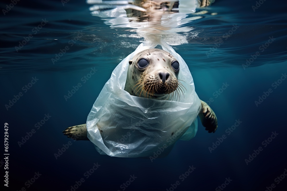 Seal animal in water, distressed seal with its body tangled in a plastic bag, wrapped in plastic bag, environment animal protection concept - obrazy, fototapety, plakaty 