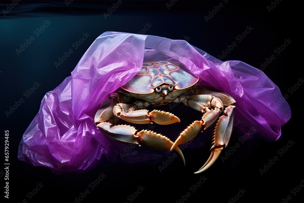 purple shore crab in the sea, distressed crab with its body tangled in