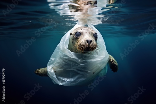 Seal animal in water, distressed seal with its body tangled in a plastic bag, wrapped in plastic bag, environment animal protection concept photo