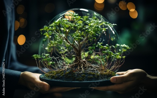 A hand holding a young plant with environmental icons through a network connection on a green background. Earth day concept, environmental technology concept