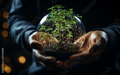 A hand holding a young plant with environmental icons through a network connection on a green background. Earth day concept, environmental technology concept