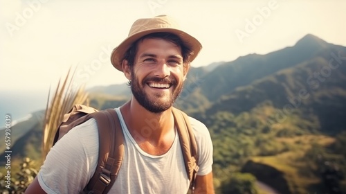close-up shot of a good-looking male tourist. Enjoy free time outdoors near the sea on the beach. Looking at the camera while relaxing on a clear day Poses for travel selfies smiling happy tropical photo