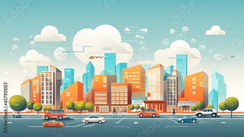 Social networking city and town with automation car on the world symbols moving from buildings to cloud using wifi. Vector illustration  penology  communication  generation  modern  generate by AI