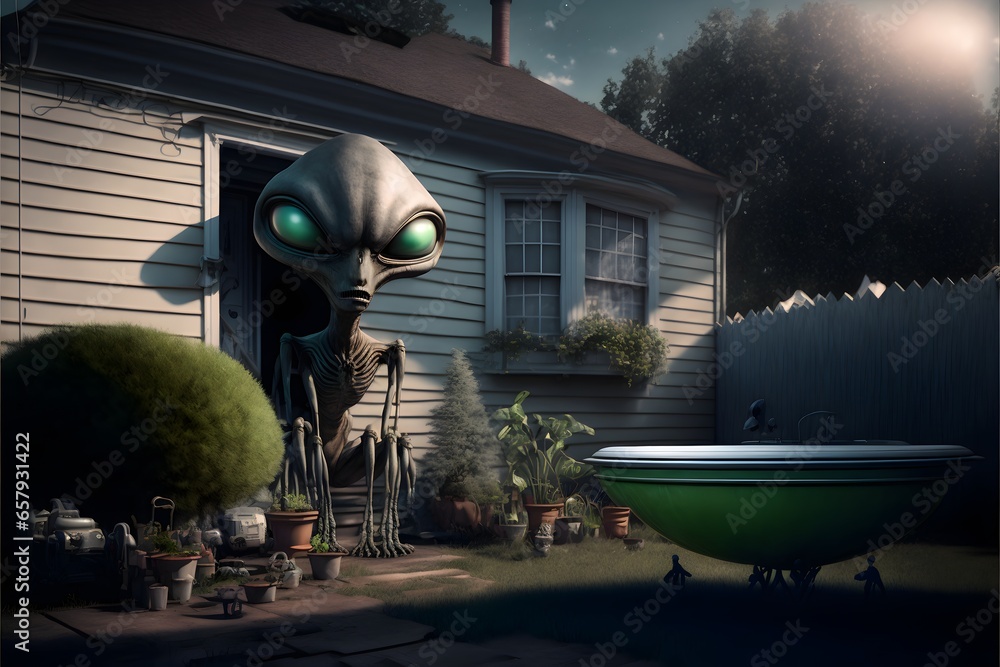 Alien in the backyard of a house an UFO in the background colour ...