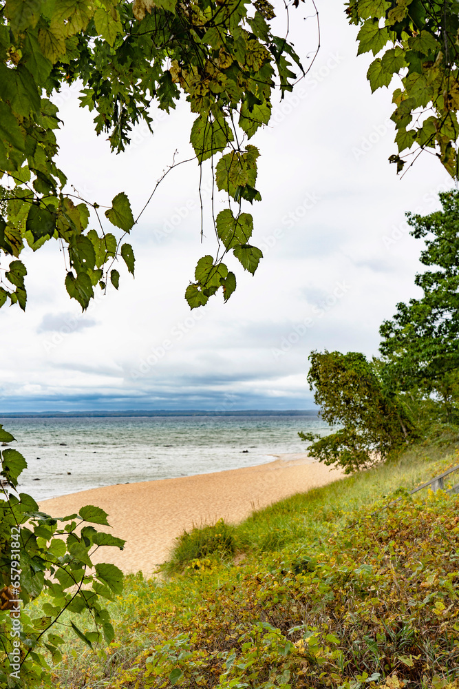 Traverse Bay Lake Michigan shoreline with sandy beach and water is framed with leaf vines and green vegetation. Some text space.