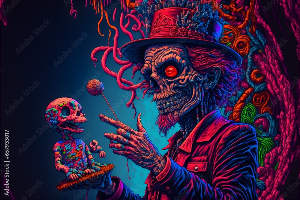 a puppet master with puppet highly detailed with micro detail vibrant colours trippy illustration high contrast neon colors LSD hyper detailed 