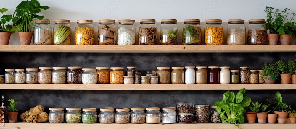 Sustainable interior of a plastic free store with wooden shelves displaying various food and personal care products Supporting local eco friendly shopping