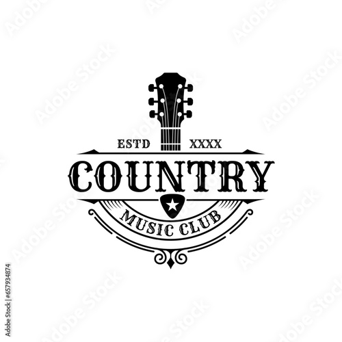Country Guitar Music Club Vintage Retro Logo Design