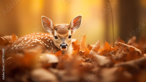 A fawn baby deer in autumn in an enchanting setting that evokes the beauty of nature in its purest form. Baby deer among golden leaves in a warm and cozy environment.
