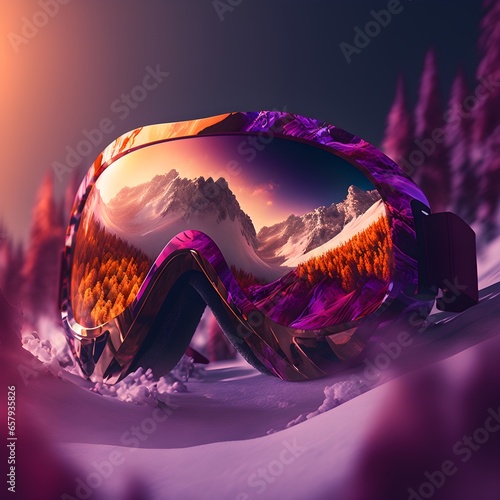 ski goggles reflecting snow mountains orange purple forrest background hyper realistic cinematic lighting 