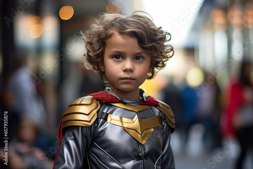 Kid in no name superhero costume helps to remove garbage from the streets. A noble deed of a child