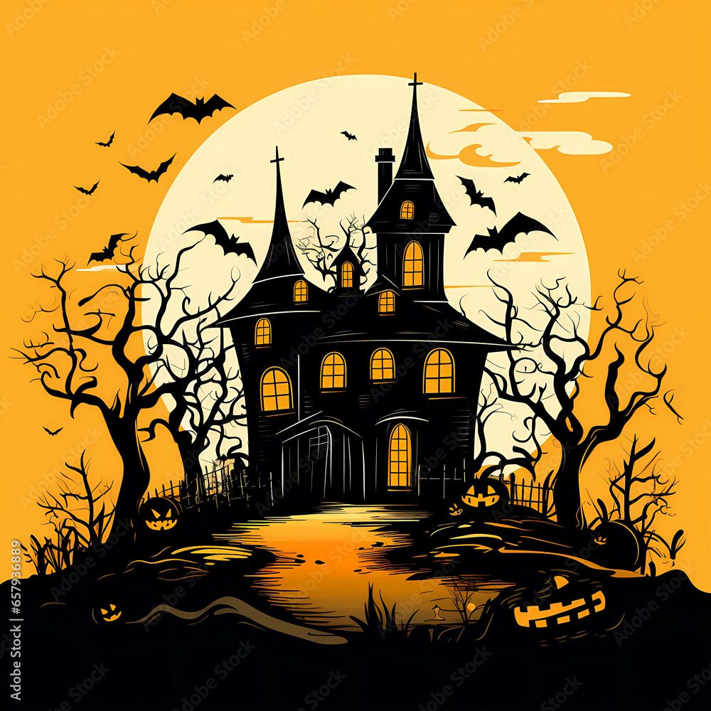 Cartoon Halloween theme with silhouettes of 
spooky house, pumpkins, trees and a flying bats
