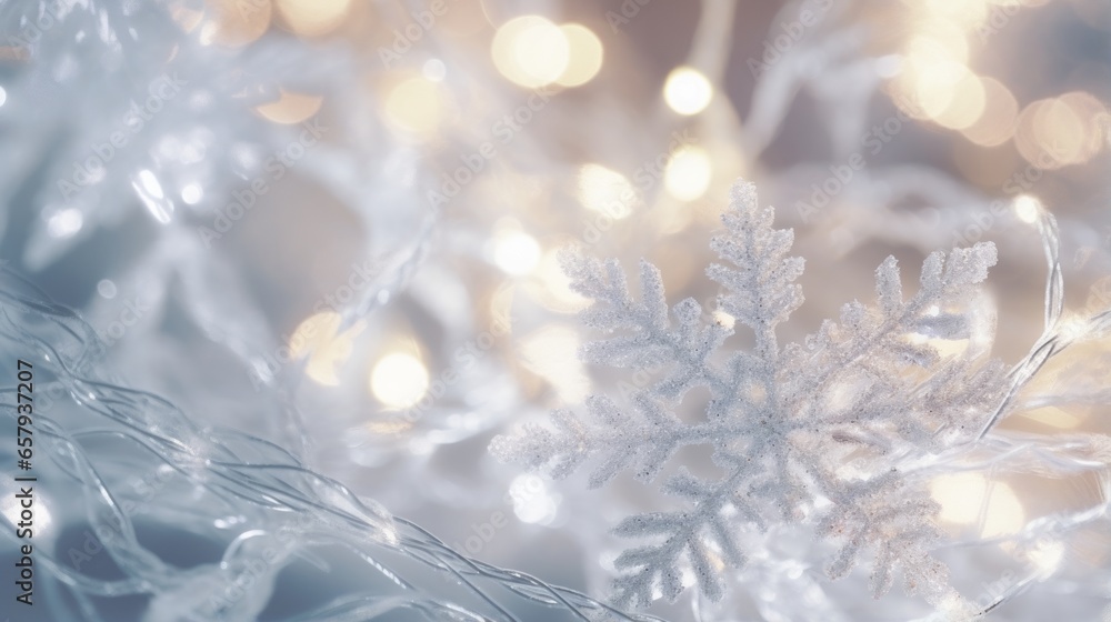 A close up of a snowflake with lights in the background A close up of a snowflake with lights in the background