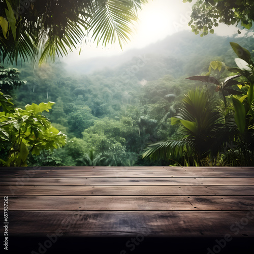 Wood table in the jungle. A product placement copyspace. Generative ai. 