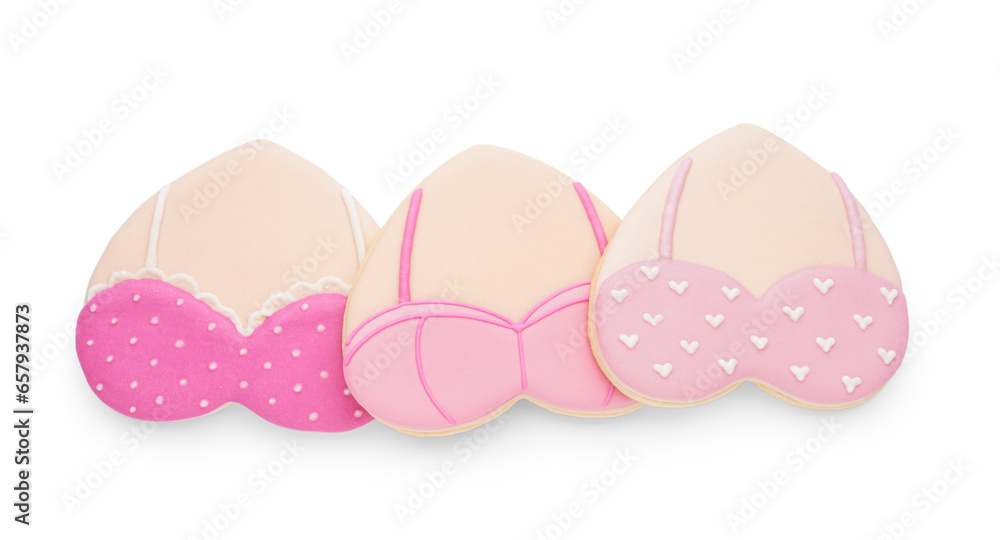 Cookies with bras on white background. Breast cancer awareness concept Cookies with bras on white background. Breast cancer awareness concept