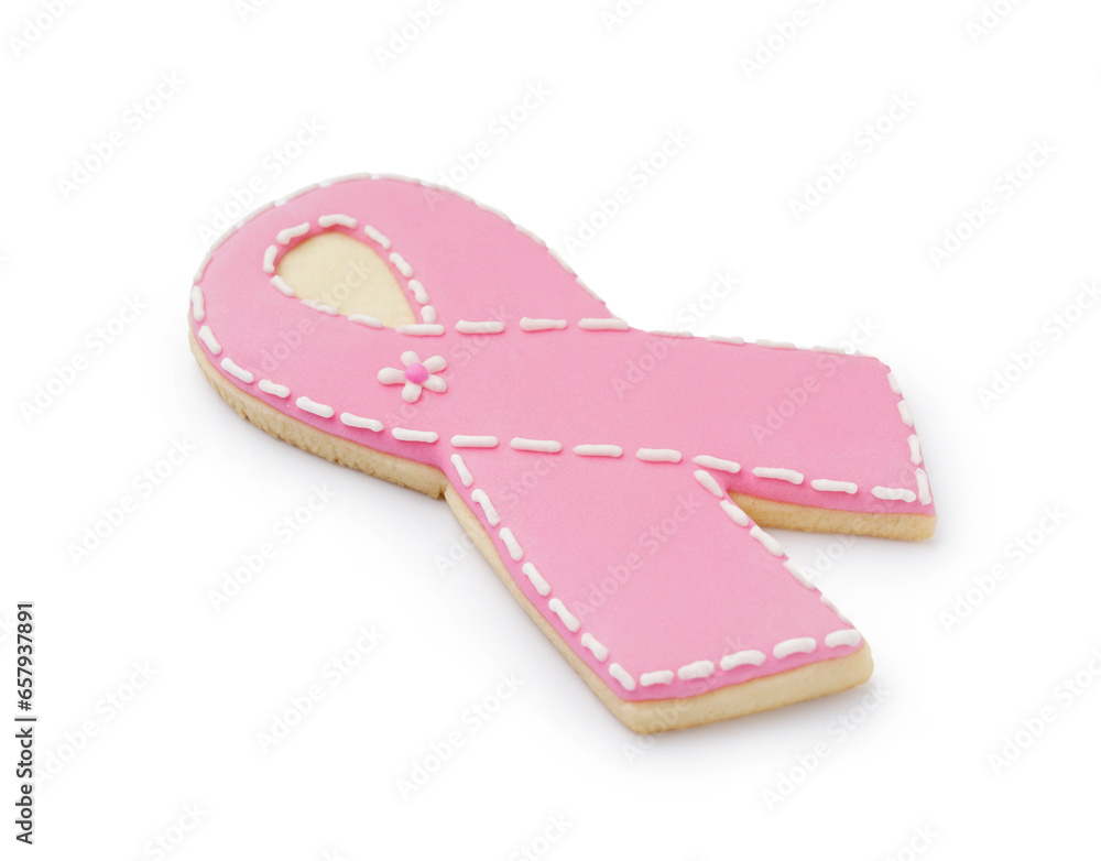 Cookie in shape of pink ribbon on white background. Breast cancer awareness concept Cookie in shape of pink ribbon on white background. Breast cancer awareness concept