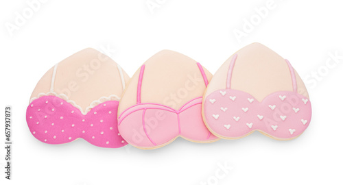 Cookies with bras on white background. Breast cancer awareness concept