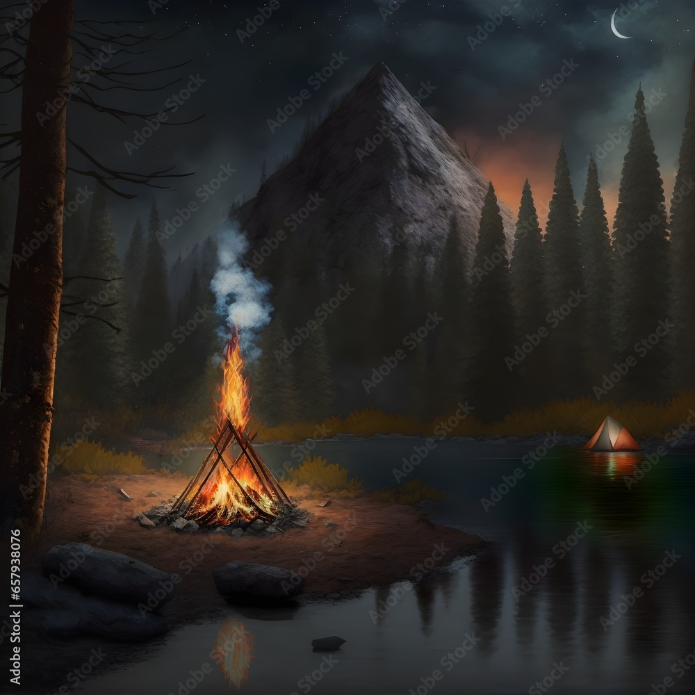 campfire in the wilderness  - obrazy, fototapety, plakaty 