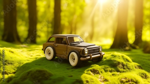 クリーンな電気自動車イメージ、木製のおもちゃの車｜Clean electric car image. wooden toy car. Generative AI