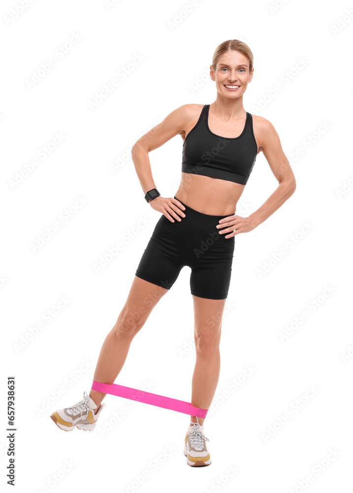 Woman exercising with elastic resistance band on white background Woman exercising with elastic resistance band on white background