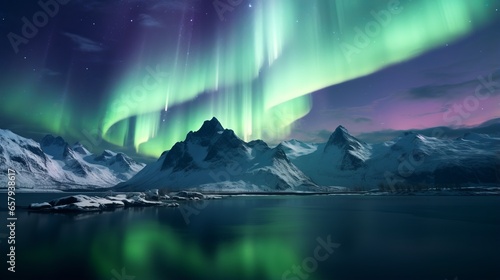 An aurora bore over a mountain range and a body of water
