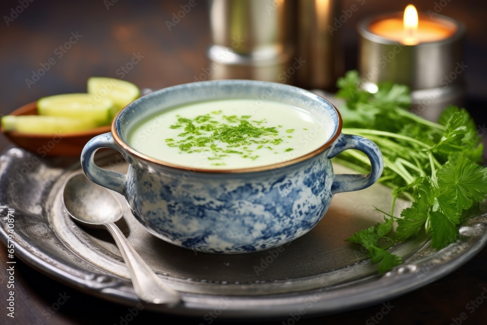 Culinary Art of a Refreshing Danish Summer Delight: Close-Up of Tangy Koldskål, a Creamy Buttermilk Soup with Mint Leaves, Berries, and Yogurt Culinary Art of a Refreshing Danish Summer Delight: Close-Up of Tangy Koldskål, a Creamy Buttermilk Soup with Mint Leaves, Berries, and Yogurt