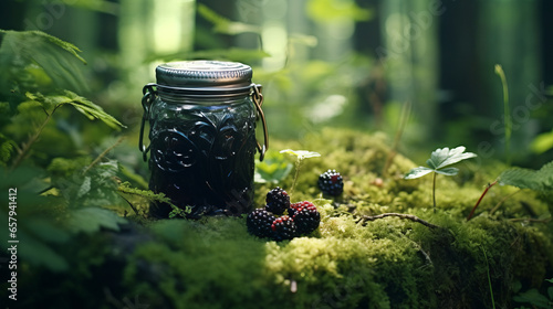 A jar of blackberries sitting on top of a moss covered ground