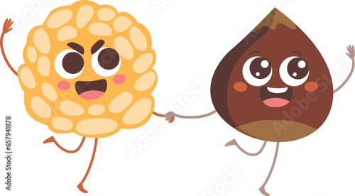 Funny panellet and chestnut friends walking together vector illustration. Happy food characters isolated in white background photo