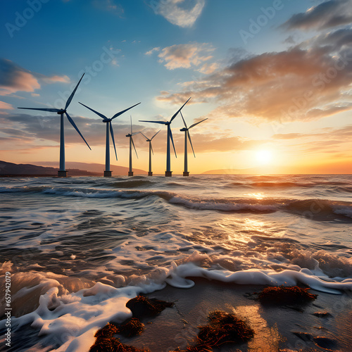 Wind turbines in the ocean generating clean renewable energy. A wind power concept. Generative ai. 
