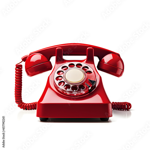 An old fashioned red rotary phone isolated on a white background. Generative ai. 