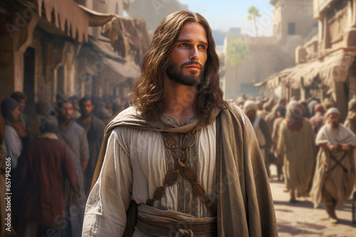 Jesus Christ walking on the streets of ancient Jerusalem