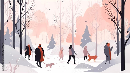 People in the park, children playing in the park, making snowman, skating, playing hockey, walking dog cartoon vector.