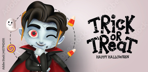 Trick or treat vampire character vector design. Happy halloween greeting text with cute friendly vampire zombie boy mascot for horror costume party decoration background. Vector illustration greeting 