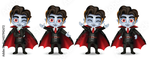 Halloween vampire characters vector set design. Vampire young boy in standing poses and cute friendly smiling face character collection. Vector illustration kids party dracula costume collection.

