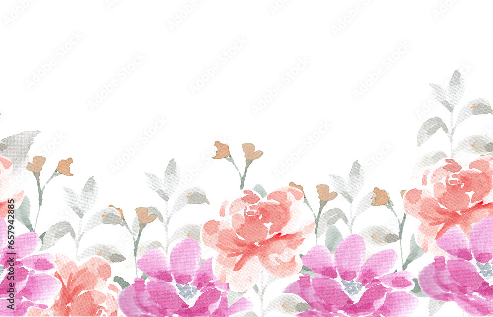 Purple Anemone and Orange Rose Watercolor Seamless Background