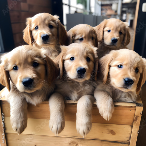 A group of puppies sitting on top of a wooden crate