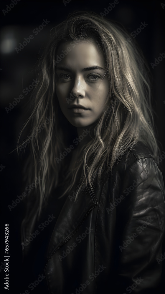 A black and white photo of a woman in a leather jacket A black and white photo of a woman in a leather jacket