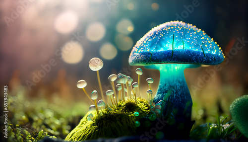fantasy transluscent blue mushroom close-up in the forest AI generated illustration photo