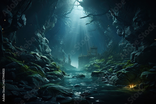 Fantasy landscape with a dark cave and light beam. 3d rendering.  © kmmind
